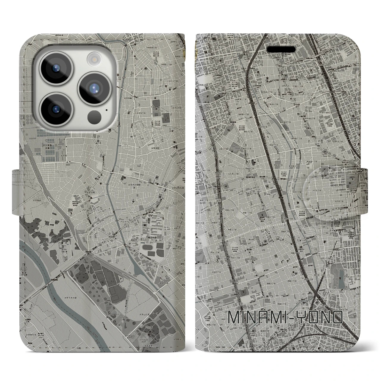 【南与野】地図柄iPhoneケース（手帳両面タイプ・モノトーン）iPhone 15 Pro 用