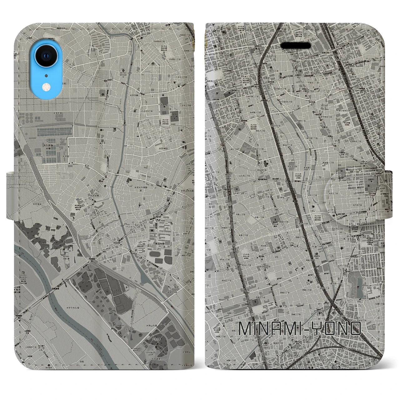 【南与野】地図柄iPhoneケース（手帳両面タイプ・モノトーン）iPhone XR 用