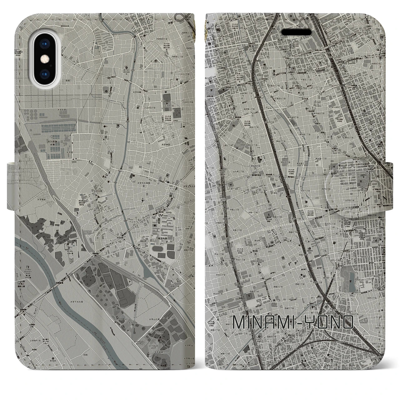 【南与野】地図柄iPhoneケース（手帳両面タイプ・モノトーン）iPhone XS Max 用
