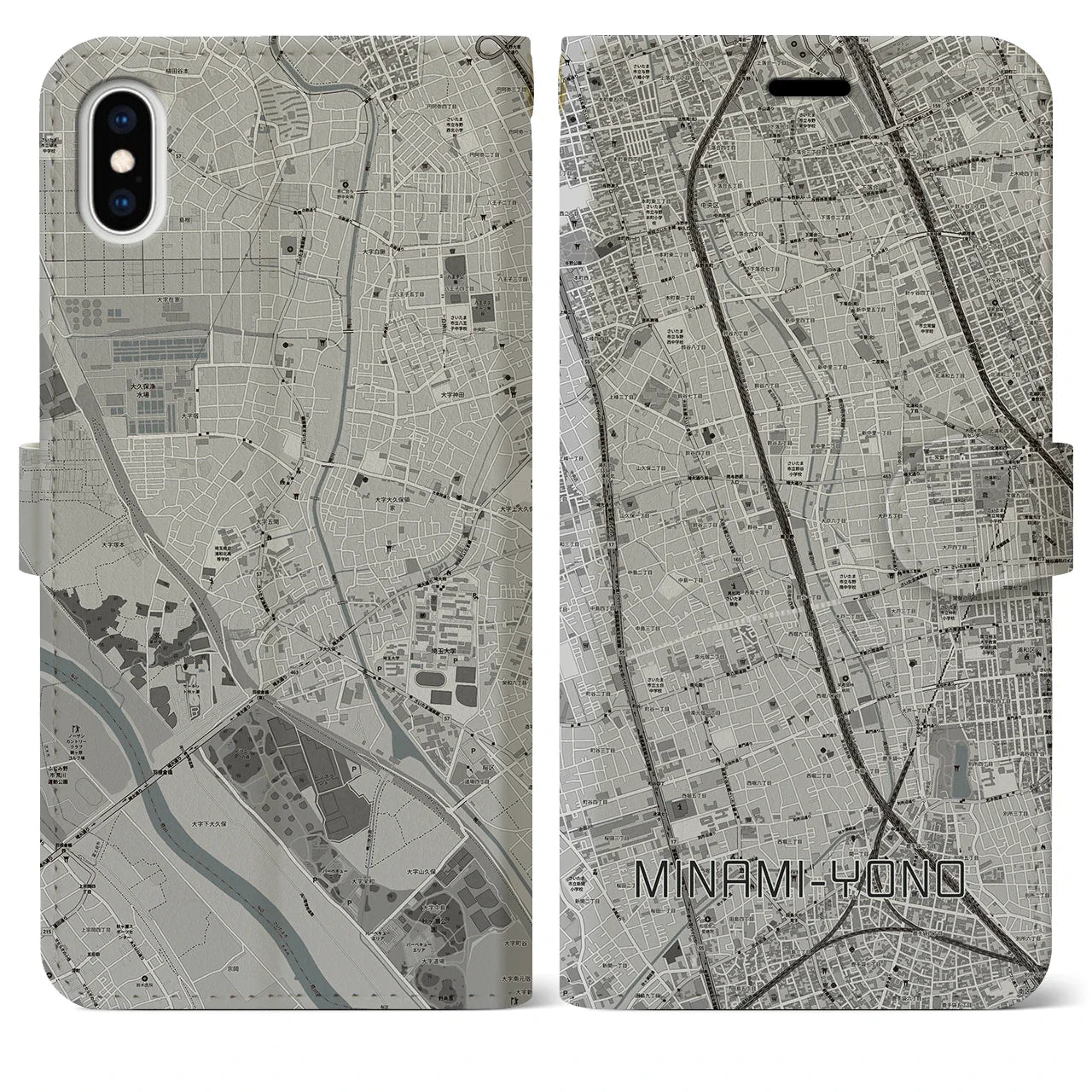 【南与野（埼玉県）】地図柄iPhoneケース（手帳タイプ）モノトーン・iPhone XS Max 用