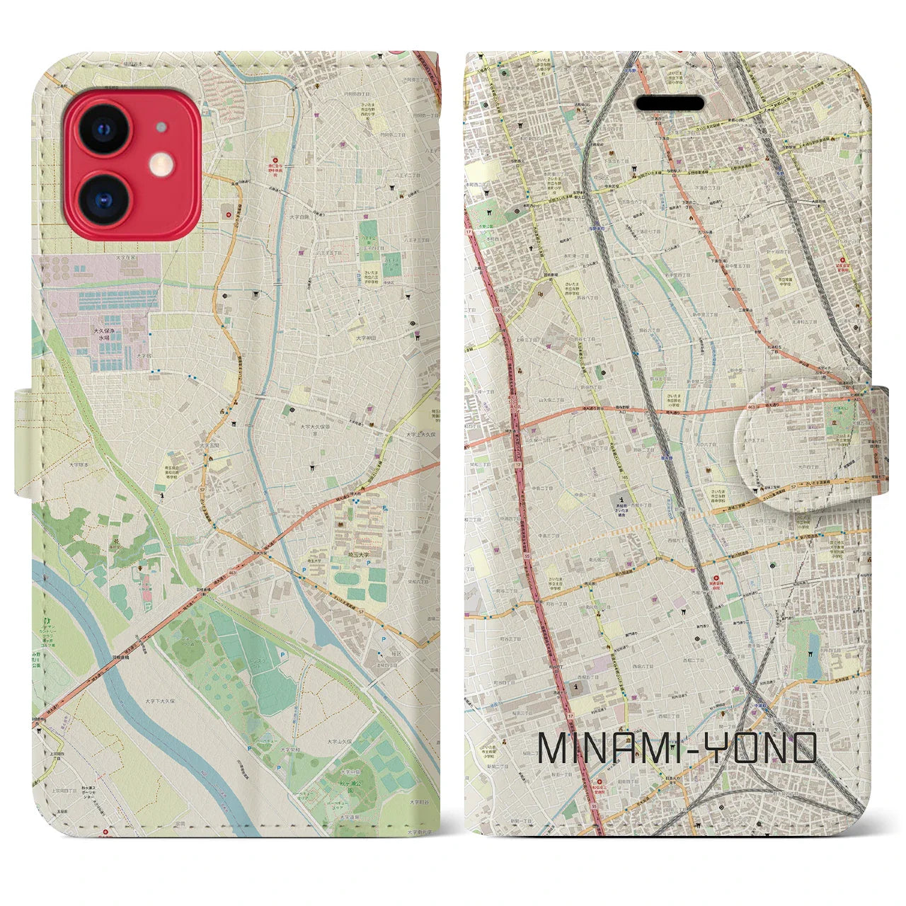 【南与野（埼玉県）】地図柄iPhoneケース（手帳タイプ）ナチュラル・iPhone 11 用