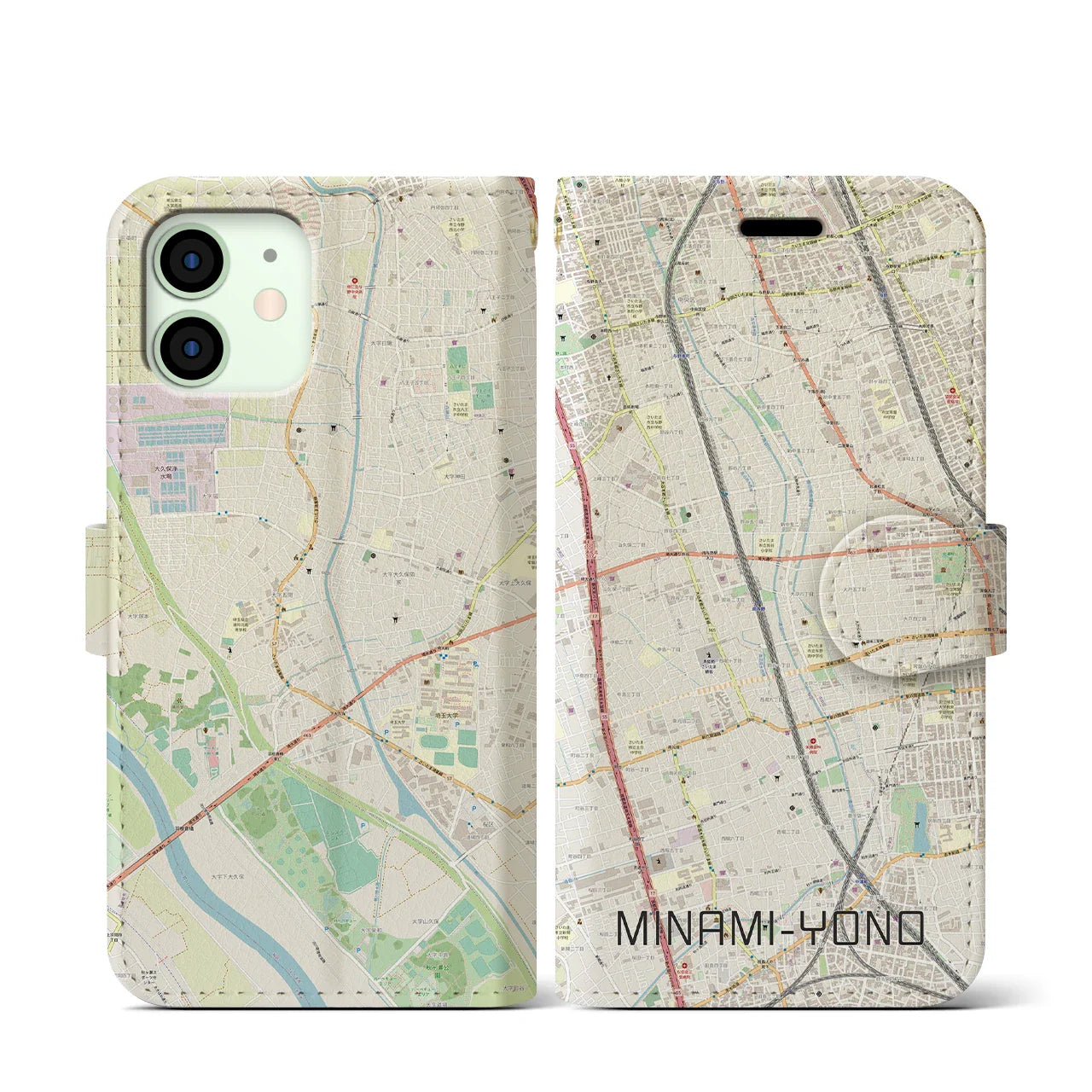 【南与野（埼玉県）】地図柄iPhoneケース（手帳タイプ）ナチュラル・iPhone 12 mini 用