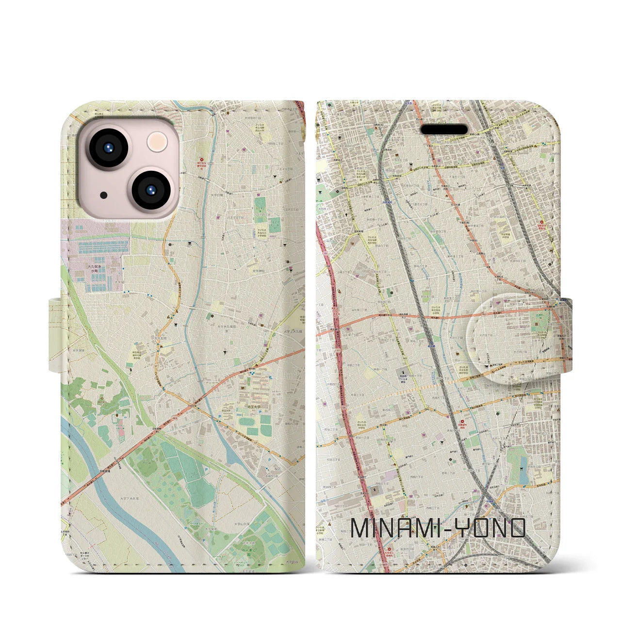 【南与野（埼玉県）】地図柄iPhoneケース（手帳タイプ）ナチュラル・iPhone 13 mini 用