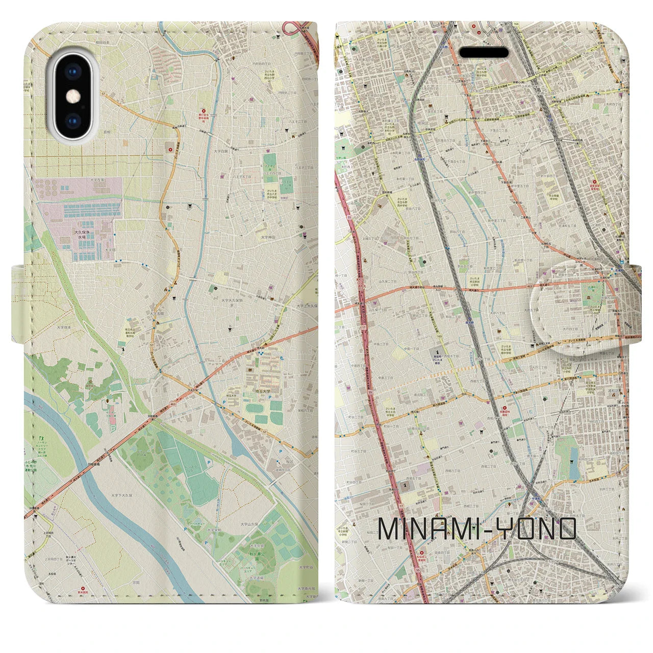 【南与野（埼玉県）】地図柄iPhoneケース（手帳タイプ）ナチュラル・iPhone XS Max 用