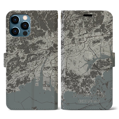 【南区（岡山市）】地図柄iPhoneケース（手帳タイプ）モノトーン・iPhone 12 / 12 Pro 用