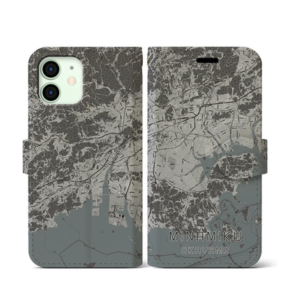 【南区（岡山市）】地図柄iPhoneケース（手帳タイプ）モノトーン・iPhone 12 mini 用