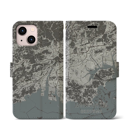 【南区（岡山市）】地図柄iPhoneケース（手帳タイプ）モノトーン・iPhone 13 mini 用