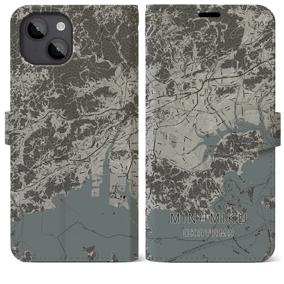 【南区（岡山市）】地図柄iPhoneケース（手帳タイプ）モノトーン・iPhone 14 Plus 用