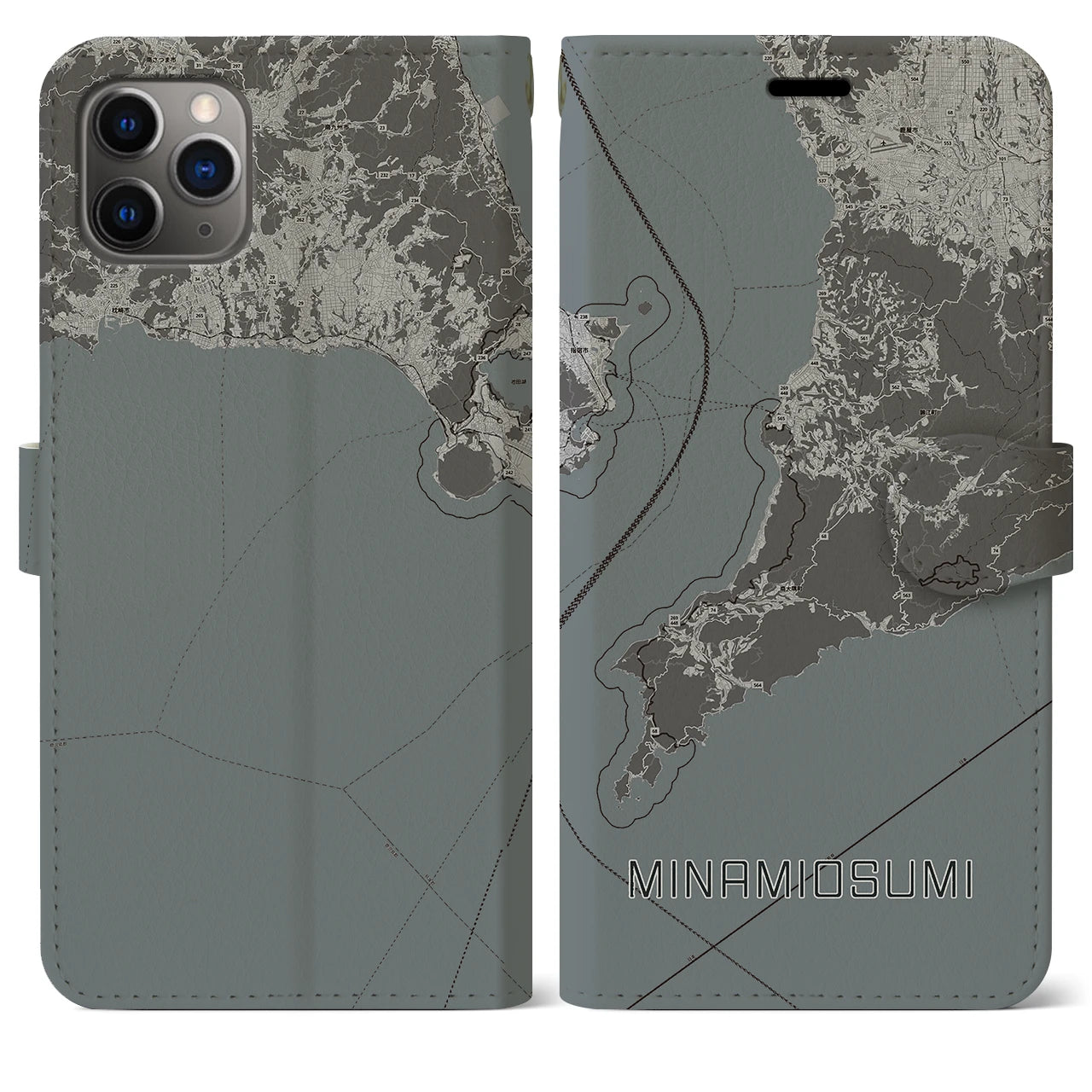 【南大隅】地図柄iPhoneケース（手帳両面タイプ・モノトーン）iPhone 11 Pro Max 用