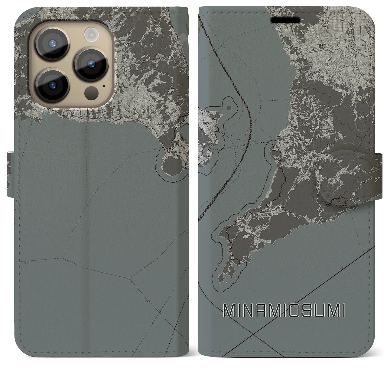 【南大隅】地図柄iPhoneケース（手帳両面タイプ・モノトーン）iPhone 14 Pro Max 用