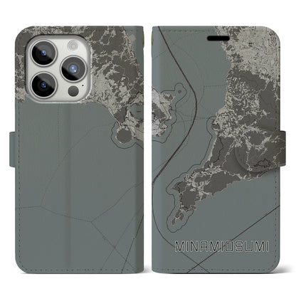 【南大隅（鹿児島県）】地図柄iPhoneケース（手帳タイプ）モノトーン・iPhone 15 Pro 用