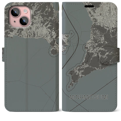 【南大隅（鹿児島県）】地図柄iPhoneケース（手帳タイプ）モノトーン・iPhone 15 Plus 用