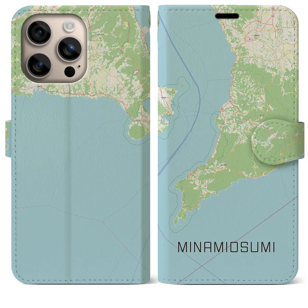 【南大隅（鹿児島県）】地図柄iPhoneケース（手帳タイプ）ナチュラル・iPhone 16 Plus 用