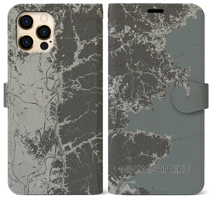 【南三陸（宮城県）】地図柄iPhoneケース（手帳タイプ）モノトーン・iPhone 12 Pro Max 用