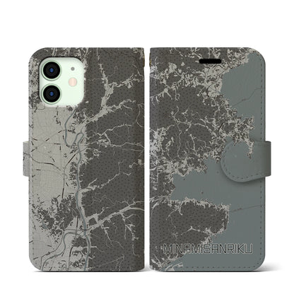 【南三陸（宮城県）】地図柄iPhoneケース（手帳タイプ）モノトーン・iPhone 12 mini 用