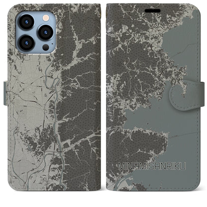 【南三陸（宮城県）】地図柄iPhoneケース（手帳タイプ）モノトーン・iPhone 13 Pro Max 用