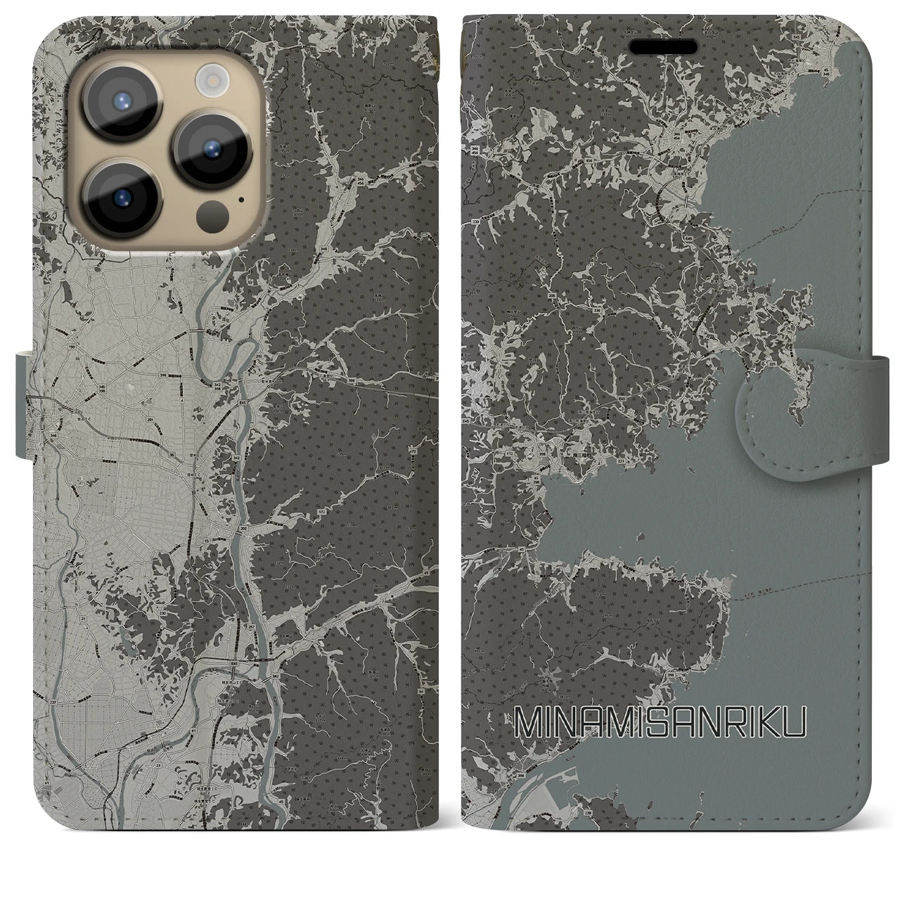 【南三陸】地図柄iPhoneケース（手帳両面タイプ・モノトーン）iPhone 14 Pro Max 用