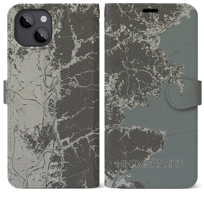 【南三陸（宮城県）】地図柄iPhoneケース（手帳タイプ）モノトーン・iPhone 14 Plus 用