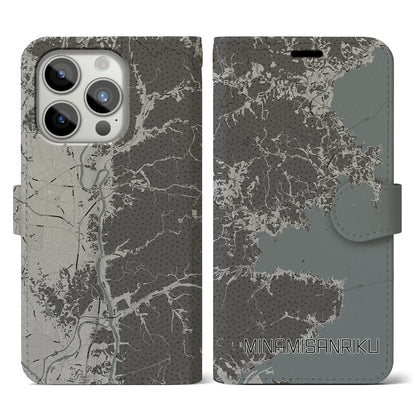 【南三陸（宮城県）】地図柄iPhoneケース（手帳タイプ）モノトーン・iPhone 15 Pro 用