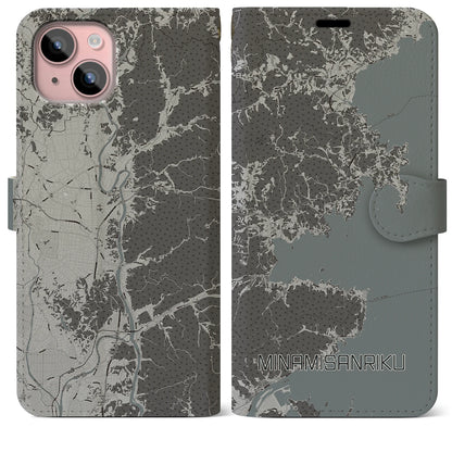 【南三陸（宮城県）】地図柄iPhoneケース（手帳タイプ）モノトーン・iPhone 15 Plus 用