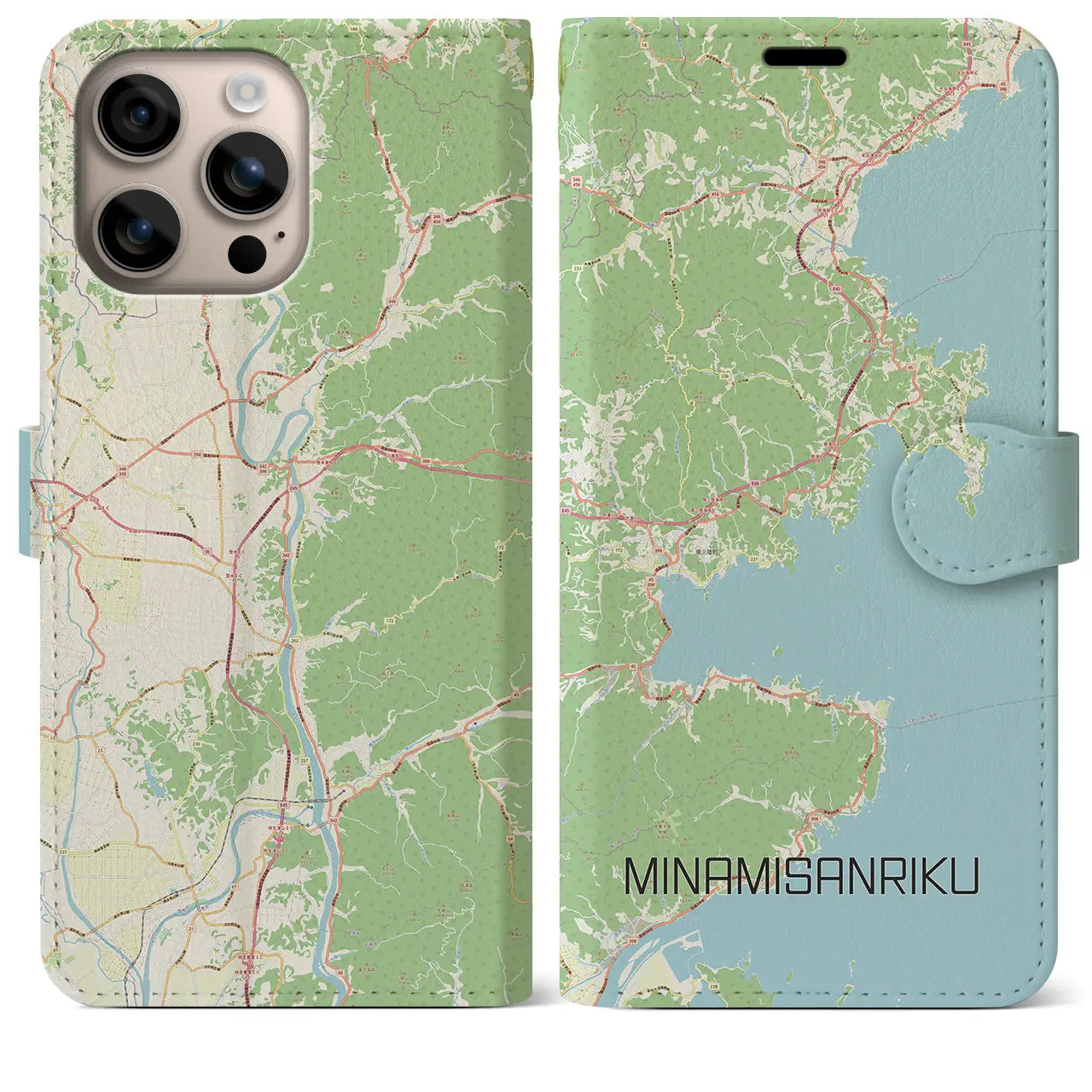 【南三陸（宮城県）】地図柄iPhoneケース（手帳タイプ）ナチュラル・iPhone 16 Plus 用