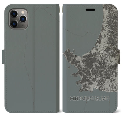 【南さつま（鹿児島県）】地図柄iPhoneケース（手帳タイプ）モノトーン・iPhone 11 Pro Max 用