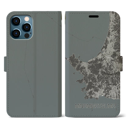 【南さつま（鹿児島県）】地図柄iPhoneケース（手帳タイプ）モノトーン・iPhone 12 / 12 Pro 用