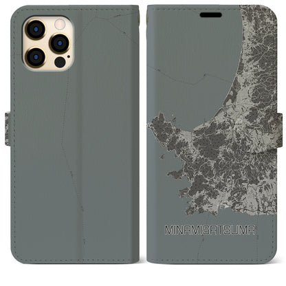 【南さつま（鹿児島県）】地図柄iPhoneケース（手帳タイプ）モノトーン・iPhone 12 Pro Max 用