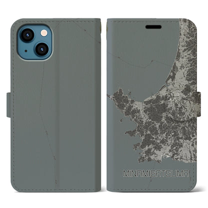 【南さつま（鹿児島県）】地図柄iPhoneケース（手帳タイプ）モノトーン・iPhone 13 用