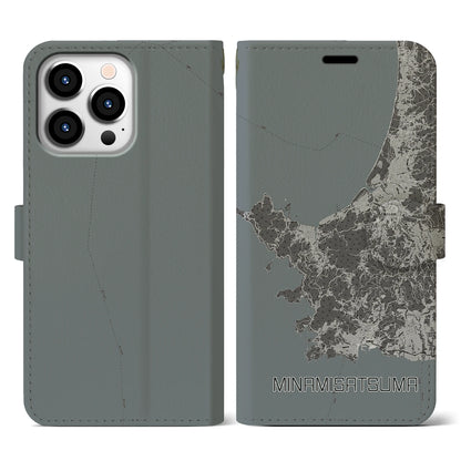 【南さつま（鹿児島県）】地図柄iPhoneケース（手帳タイプ）モノトーン・iPhone 13 Pro 用