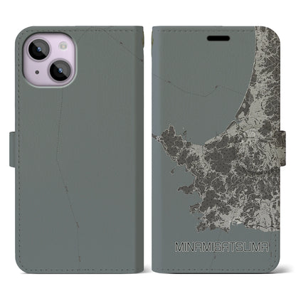 【南さつま（鹿児島県）】地図柄iPhoneケース（手帳タイプ）モノトーン・iPhone 14 用