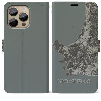 【南さつま（鹿児島県）】地図柄iPhoneケース（手帳タイプ）モノトーン・iPhone 14 Pro Max 用