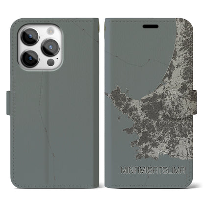 【南さつま（鹿児島県）】地図柄iPhoneケース（手帳タイプ）モノトーン・iPhone 14 Pro 用