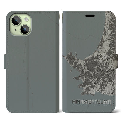 【南さつま（鹿児島県）】地図柄iPhoneケース（手帳タイプ）モノトーン・iPhone 15 用