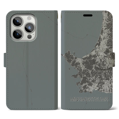 【南さつま（鹿児島県）】地図柄iPhoneケース（手帳タイプ）モノトーン・iPhone 15 Pro 用