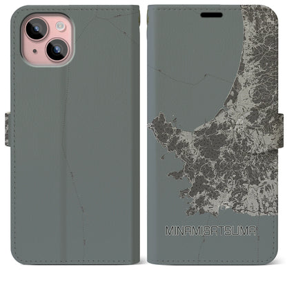 【南さつま（鹿児島県）】地図柄iPhoneケース（手帳タイプ）モノトーン・iPhone 15 Plus 用