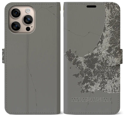 【南さつま（鹿児島県）】地図柄iPhoneケース（手帳タイプ）モノトーン・iPhone 16 Plus 用