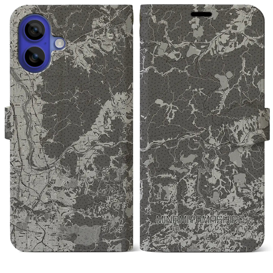 【南山城(京都府)】地図柄iPhoneケース(手帳タイプ)モノトーン・iPhone 16 Pro Max 用