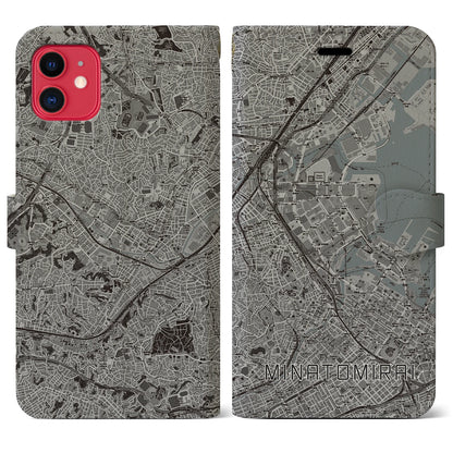 【みなとみらい（神奈川県）】地図柄iPhoneケース（手帳タイプ）モノトーン・iPhone 11 用