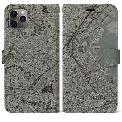 【みなとみらい（神奈川県）】地図柄iPhoneケース（手帳タイプ）モノトーン・iPhone 11 Pro Max 用