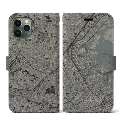 【みなとみらい（神奈川県）】地図柄iPhoneケース（手帳タイプ）モノトーン・iPhone 11 Pro 用