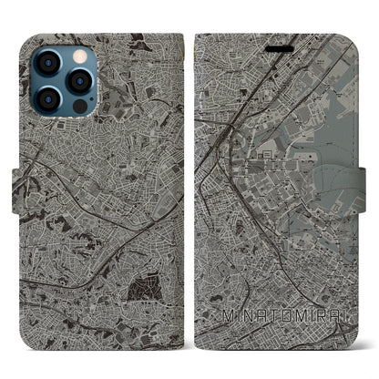 【みなとみらい（神奈川県）】地図柄iPhoneケース（手帳タイプ）モノトーン・iPhone 12 / 12 Pro 用