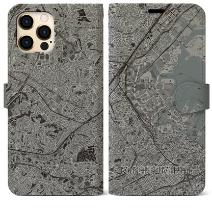 【みなとみらい（神奈川県）】地図柄iPhoneケース（手帳タイプ）モノトーン・iPhone 12 Pro Max 用