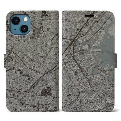 【みなとみらい（神奈川県）】地図柄iPhoneケース（手帳タイプ）モノトーン・iPhone 13 用