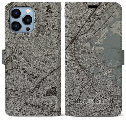【みなとみらい（神奈川県）】地図柄iPhoneケース（手帳タイプ）モノトーン・iPhone 13 Pro Max 用