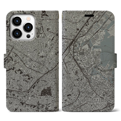 【みなとみらい（神奈川県）】地図柄iPhoneケース（手帳タイプ）モノトーン・iPhone 13 Pro 用