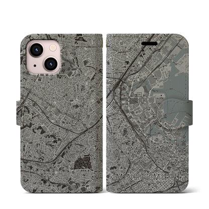 【みなとみらい（神奈川県）】地図柄iPhoneケース（手帳タイプ）モノトーン・iPhone 13 mini 用