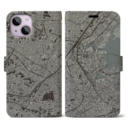 【みなとみらい（神奈川県）】地図柄iPhoneケース（手帳タイプ）モノトーン・iPhone 14 用