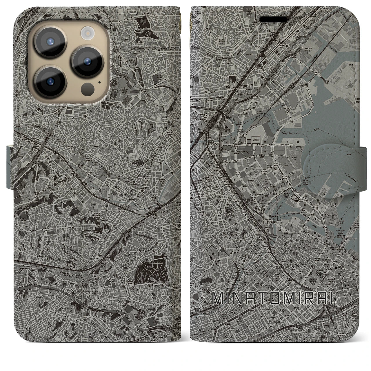 【みなとみらい】地図柄iPhoneケース（手帳両面タイプ・モノトーン）iPhone 14 Pro Max 用