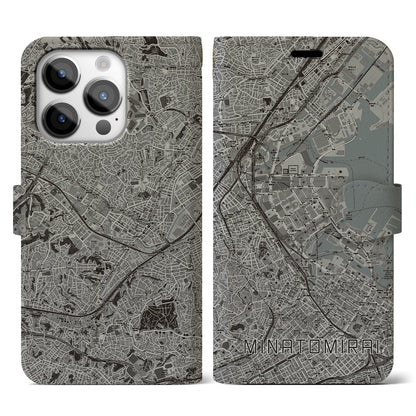 【みなとみらい（神奈川県）】地図柄iPhoneケース（手帳タイプ）モノトーン・iPhone 14 Pro 用
